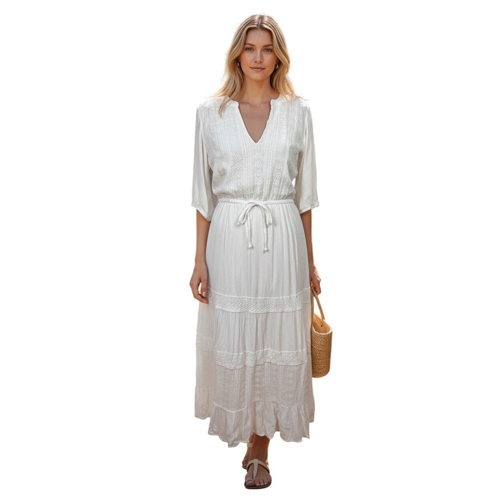 Knox Rose White Eyelet Embroidered Boho Prairie Maxi Dress V-Neck Tie Waist sz S